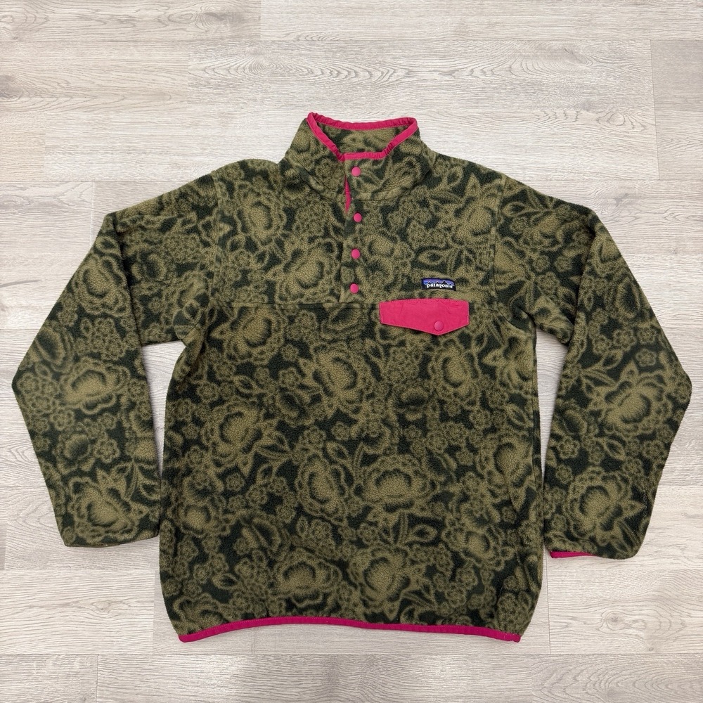 Patagonia Synchilla Snap-T Fleece Womens M Green Floral Pink 25455 FA15